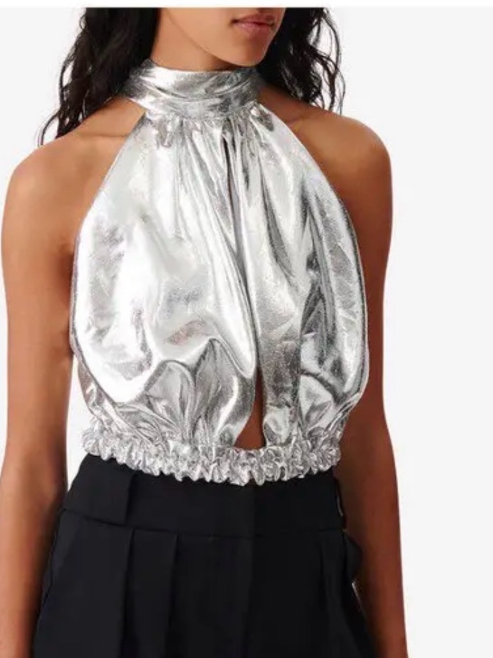 IRO Metallic Silver Halter Crop Top with Gathered Hem
